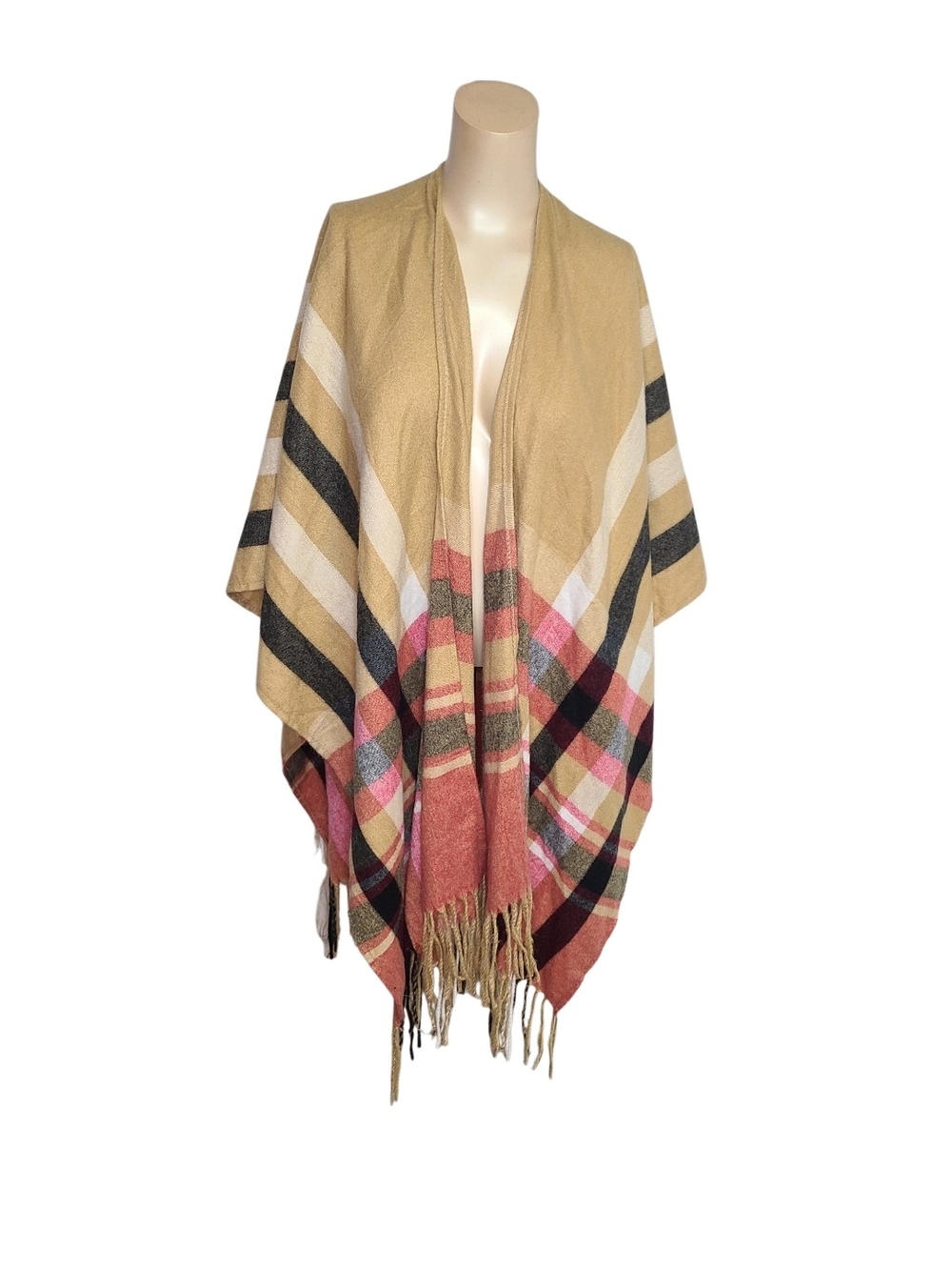 Neutral Plaid Fringe Shawl Wrap - Women